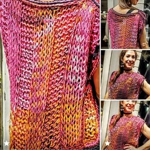 NWT Pink Multicolored Hand Knitted Sleeveless Crop Top With Silk Fringe Accents